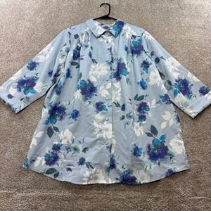 Woman Within Womens 18 20 Blue Floral Button Down 3/4 Sleeve Shirt Office Work
